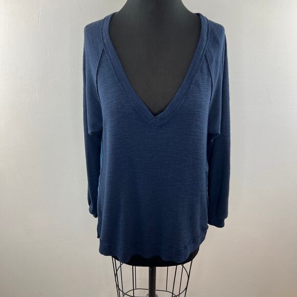 Anthropologie Pilcro Blue Sweater Top Plaid Plunge Neck Inverted Pleat Size XS - Picture 2 of 10